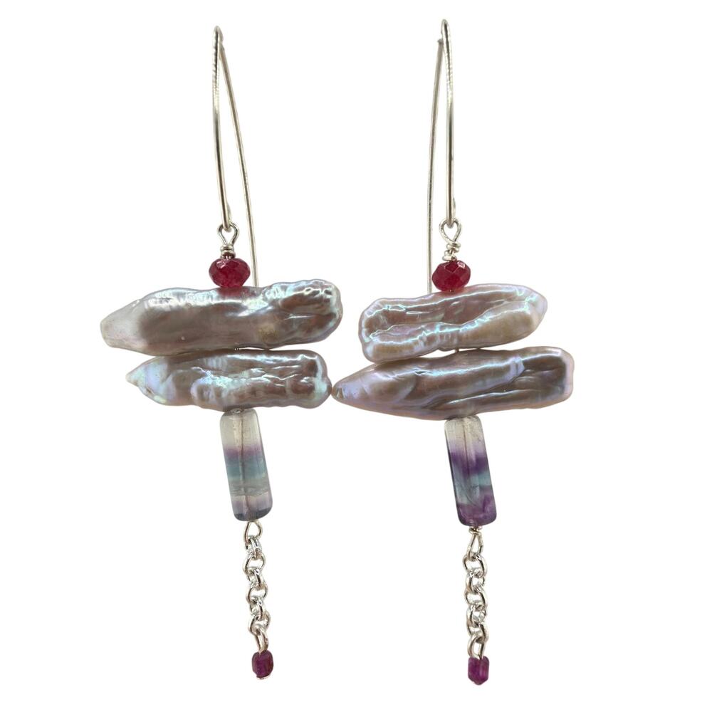 NEW Artisan Dragonfly Freshwater Pearl, Ruby, and Fluorite Dangle Earrings